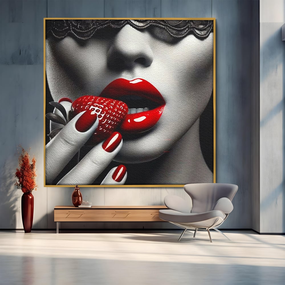 Tablou canvas cu tablou canvas cu buze rosii si capsuna, in rama de aluminiu auriu